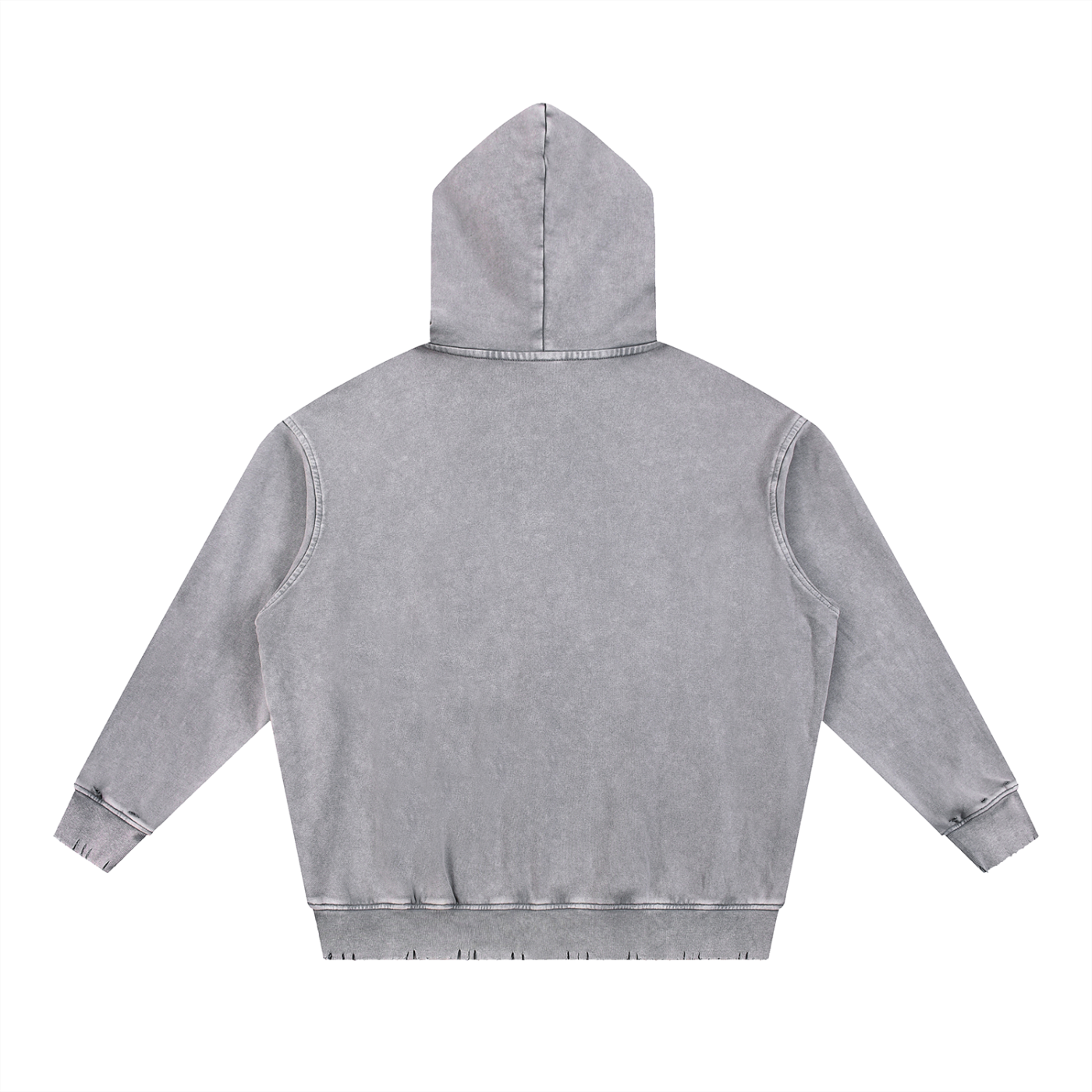Back view of the Snow Wash Hand-Frayed Heavyweight Hoodie in gray with a hoodie and loose fit.
