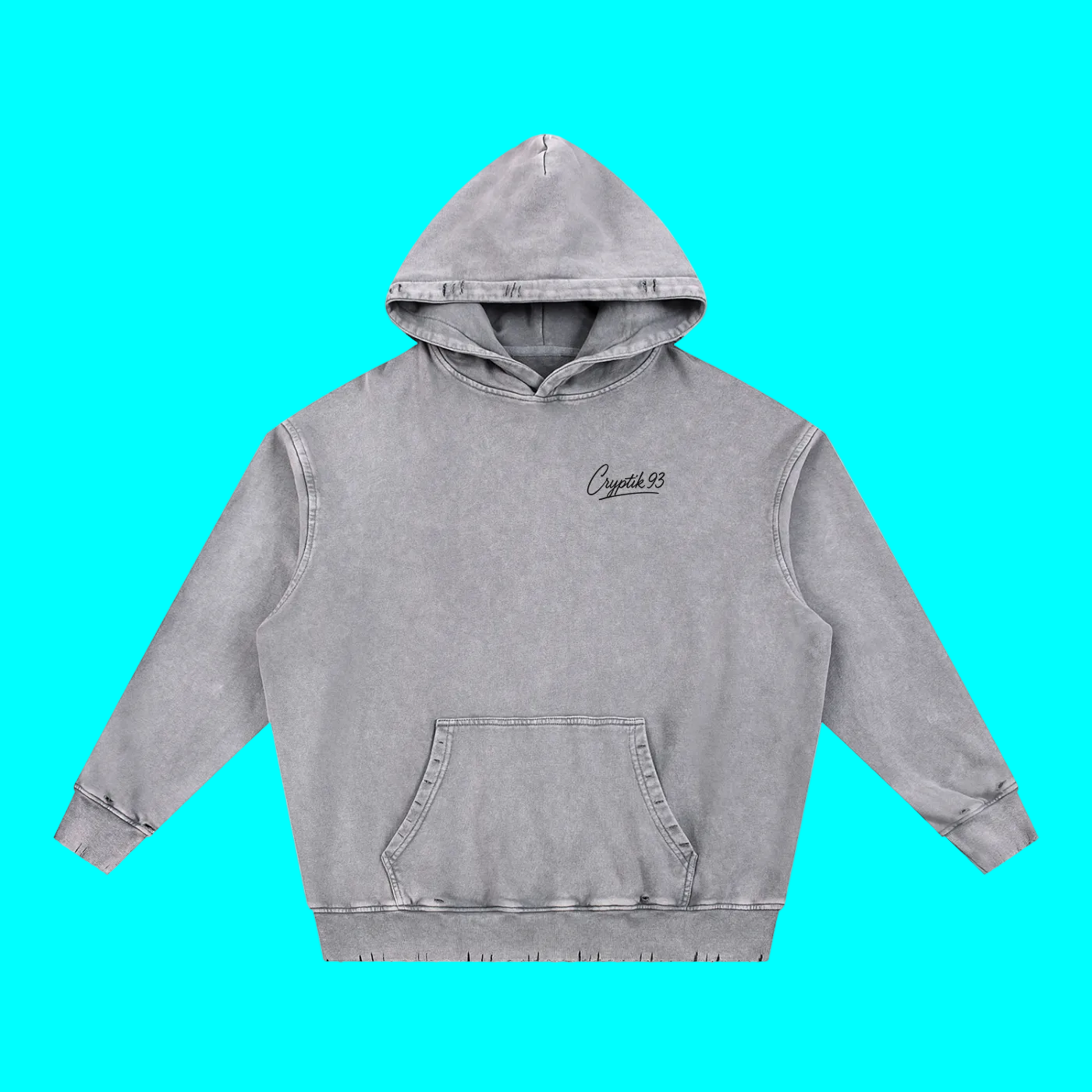 Snow Wash Hand-Frayed Heavyweight Hoodie in gray with front pocket and logo on turquoise background
