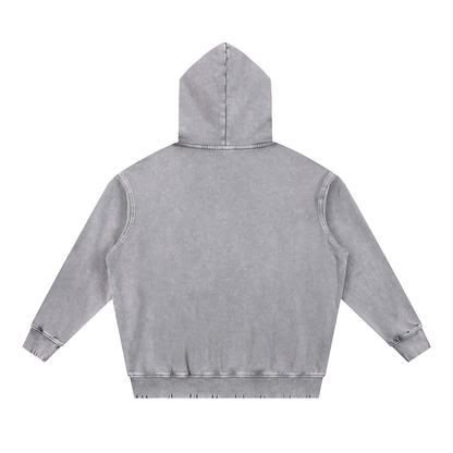 Back view of the Snow Wash Hand-Frayed Heavyweight Hoodie in gray with a hoodie and loose fit.