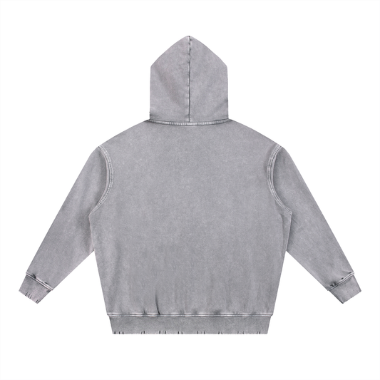 Back view of the Snow Wash Hand-Frayed Heavyweight Hoodie in gray with a hoodie and loose fit.